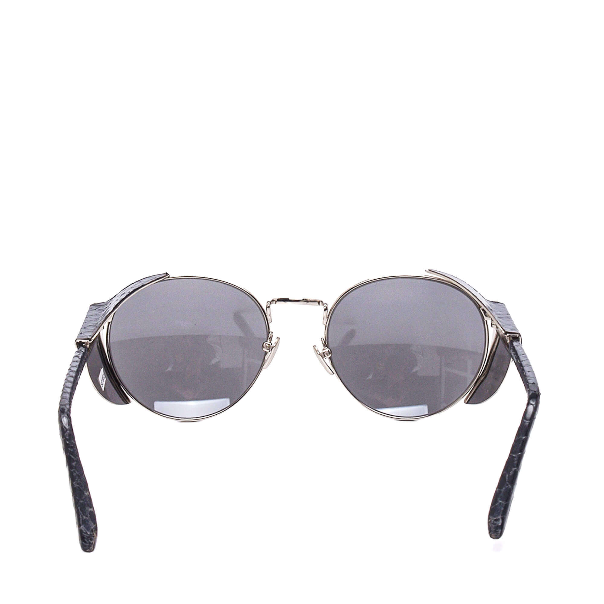 Linda Farrow - Silver Metal Frame Black Leather Covered Temple Side Panel Sunglasses